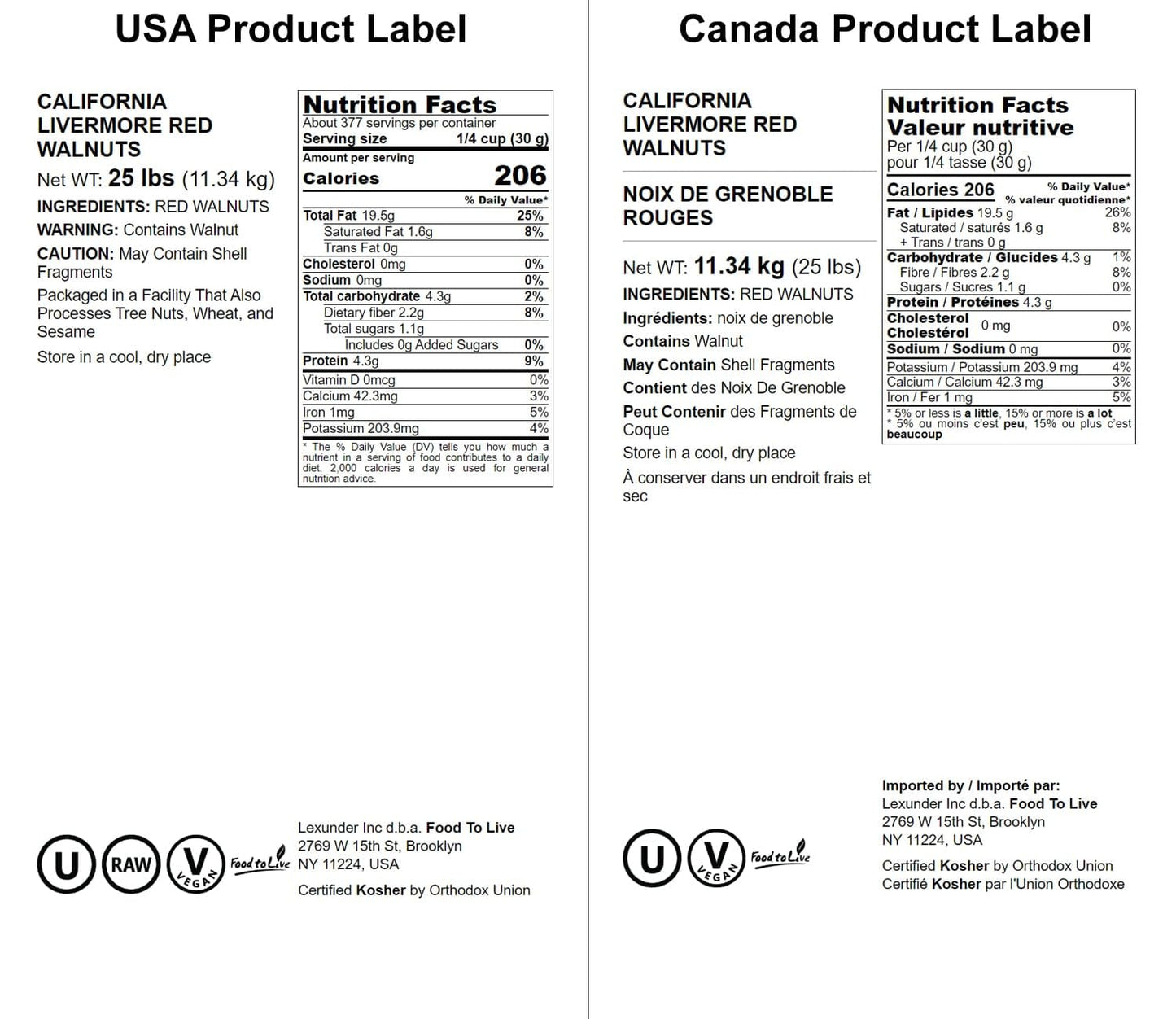 Food To Live California Livermore Red Walnuts, 25 Pounds - Raw, No Shell, Kosher, Unsalted, Natural, Sirtfood, Bulk