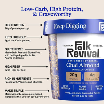 Folk Revival Chai Almond Keto Instant Oatmeal - 20g Protein, 4g Net Carbs, Gluten Free - 6 Cups Per Case, Brown