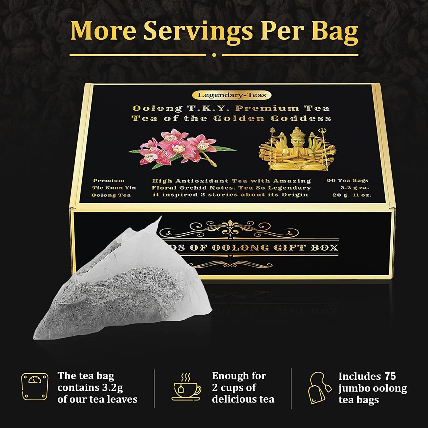 Legendary-Teas Oolong T.K.Y. Pyramid Tea Bags 75 Pack Sealed In Foil Pouches (Oolong T.K.Y. Tea, 75 Pack Box)