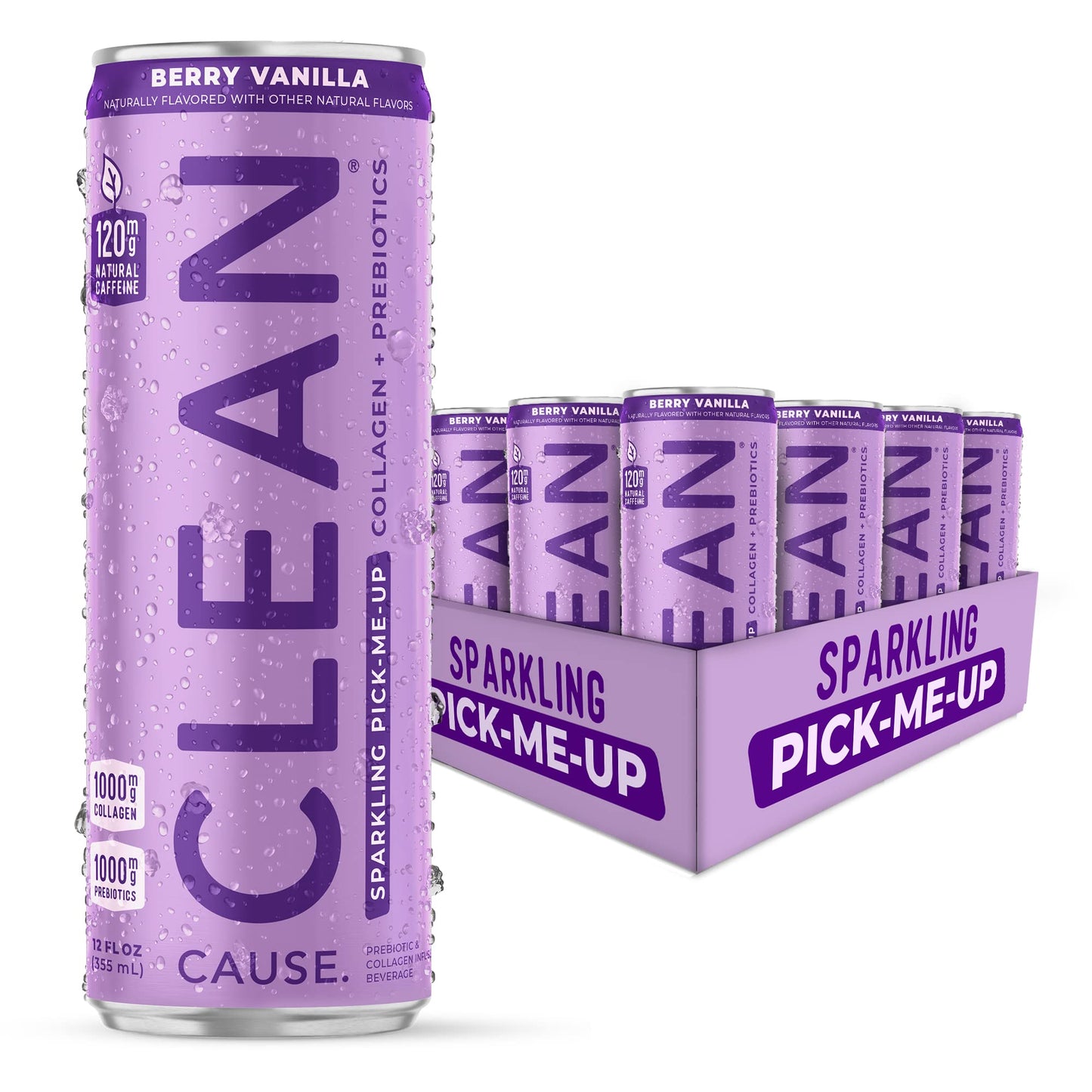 CLEAN CAUSE Berry Vanilla Sparkling Beverage with Prebiotics & Collagen, 12oz Cans, 12-Pack Case, Low Sugar, 120mg Caffeine