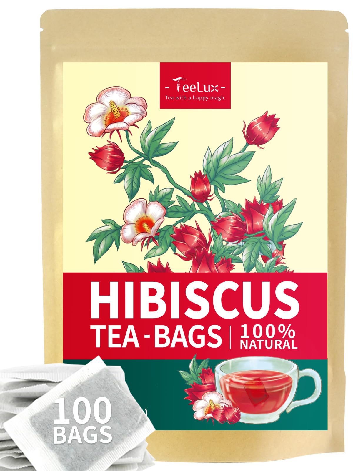 Teelux Hibiscus Tea Bags Top-Grade Natural Hibiscus Flowers Tea Energy Blend Free Refreshing Tart Flavor 100 Count