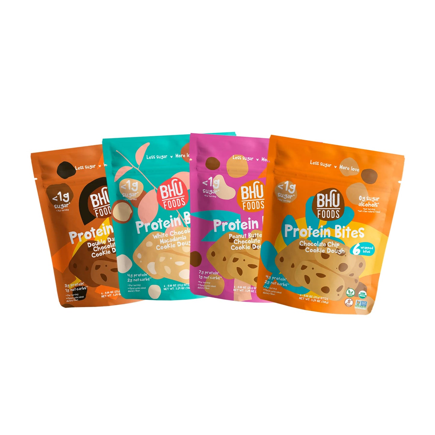 Bhu Foods Keto Bites, Cookie Dough Lovers Variety Pack, Chocolate Chip, Dark Chocolate, Macadamia & Peanut Butter, Organic Snacks For Adults, Individually Wrapped (4 Pack)