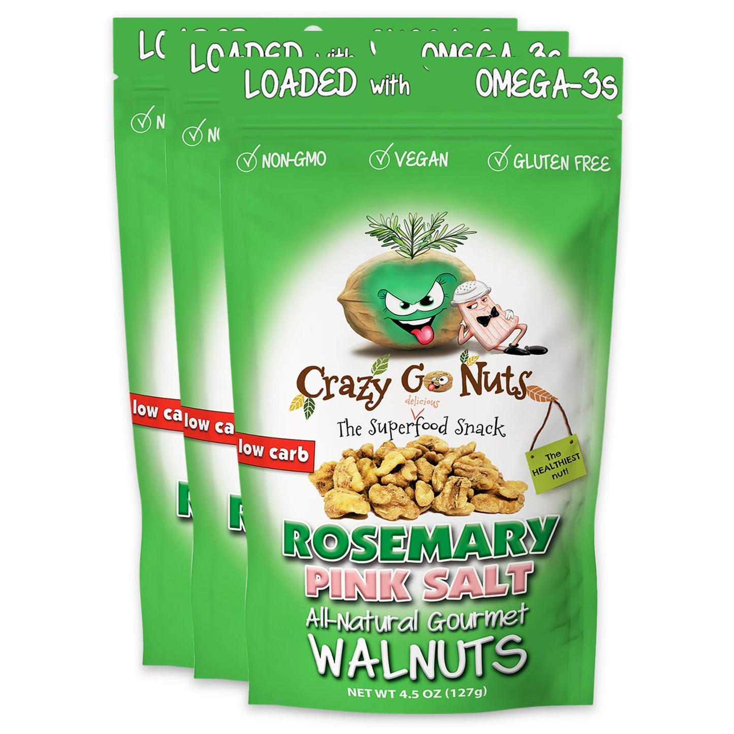 Crazy Go Nuts Walnuts - Rosemary Pink Salt, 4.5 oz (3-Pack) - Healthy Snacks, Keto, Vegan, Low Carb, Gluten Free, Superfood - Na