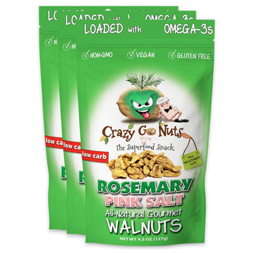 Crazy Go Nuts Walnuts - Rosemary Pink Salt, 4.5 oz (3-Pack) - Healthy Snacks, Keto, Vegan, Low Carb, Gluten Free, Superfood - Na