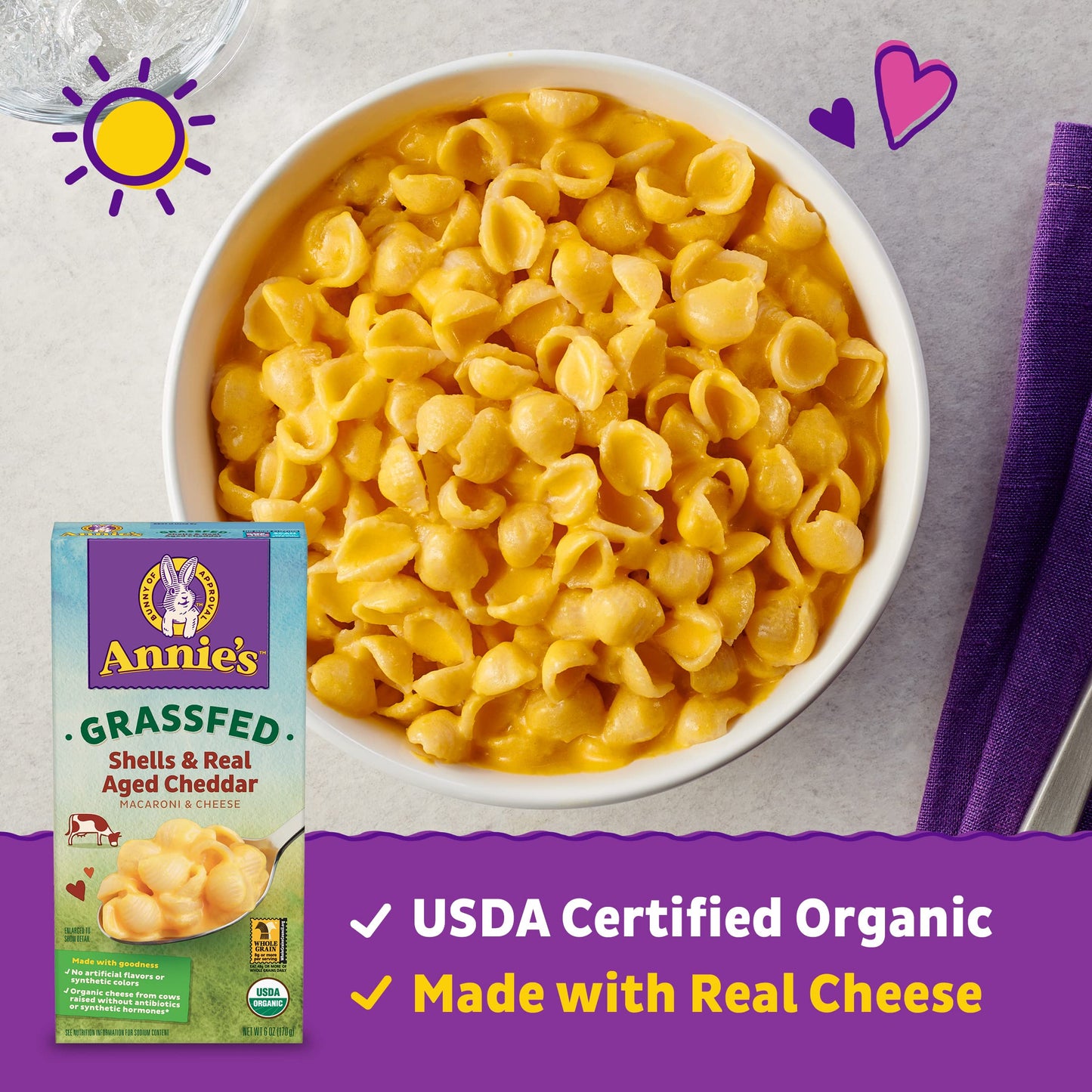 Annie 's Organic Macaroni and Cheese Dinner, Shells and Real Aged Cheddar, Grassfed, 6 oz