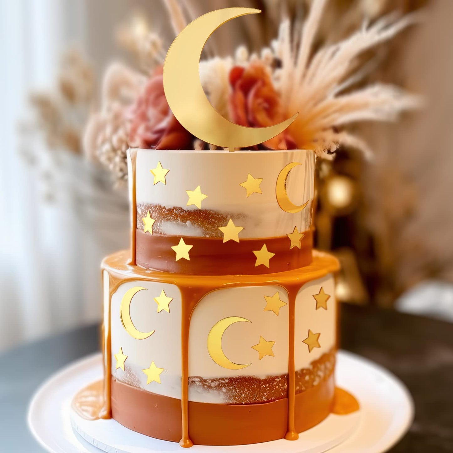 Huray Rayho 27 Pcs Moon Star Cake Toppers Acrylic Cake Decorations Twinkle Twinkle Little Star Celestial Cake Charms Mirror Gold