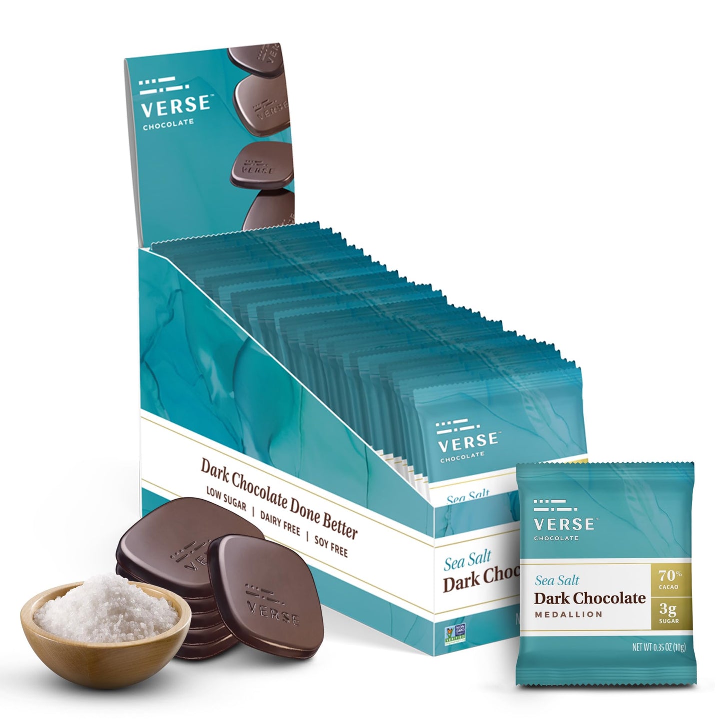 Verse Dark Chocolate Sea Salt Squares - Only 3G Cane Sugar - Creamy 70% Cocoa Dark Chocolate - Individually Wrapped Cacao Bar Squares (30 Count)