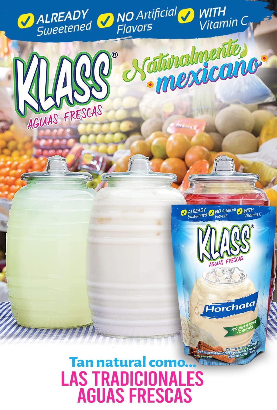 Klass Aguas Frescas | Drink Mix | Horchata | Flavors From Natural Sources, No Artificial Flavors, With Vitamin C (Makes 7 To 9 Quarts) 14.1 Oz Family Pack (4-Pack)