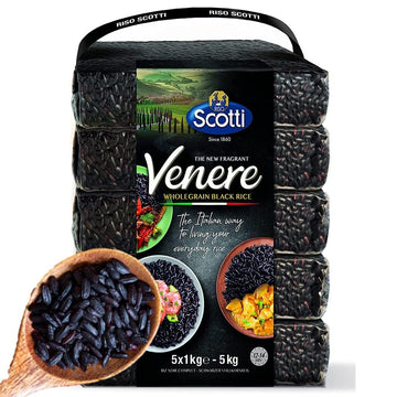 Black Grain Rice, Bulk 11 Lbs (5 X 1 Kg), Product Of Italy, Riso Scotti, Venere, Premium Quality, Wild Ancient Whole Grain Rice,