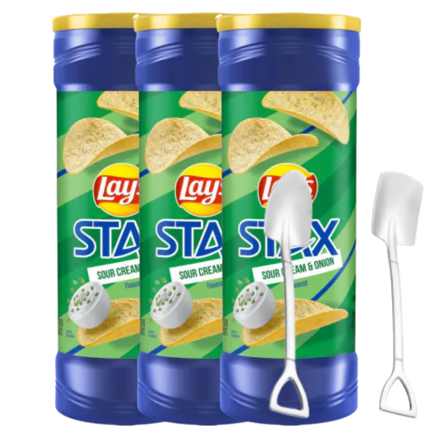 Candy Freezer L@ys St@x Sour Cream & Onion Crisps Potato Chips 5.5 Oz (Pack of 3) Canister Pack with Mini Metal Shovel Spoons (