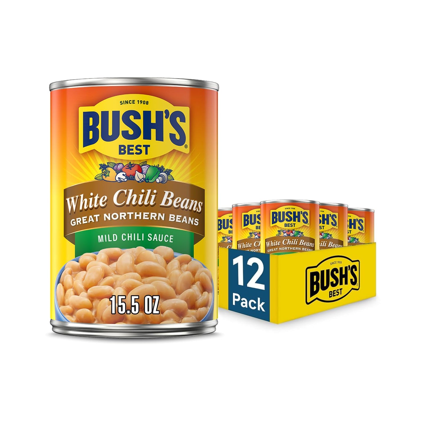 BUSH S BEST 15.5 oz Canned White Chili Bean Mild, Source of Plant Based Protein and Fiber, Low Fat, Gluten Free, (Pack of 12),