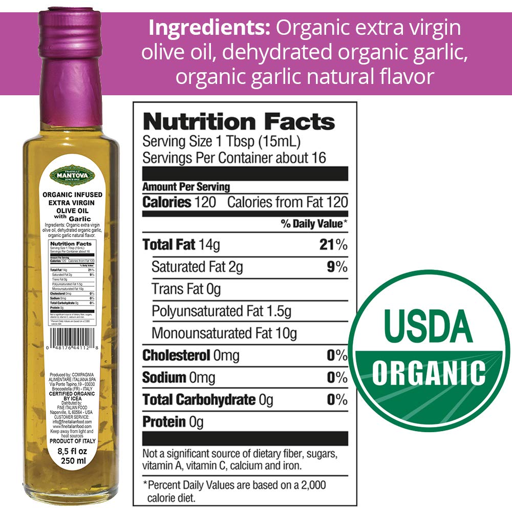 Mantova USDA Organic Garlic Extra Virgin Olive Oil (EVOO), Cold-Pressed, Imported from Italy. Perfect for salad dressing, vegeta