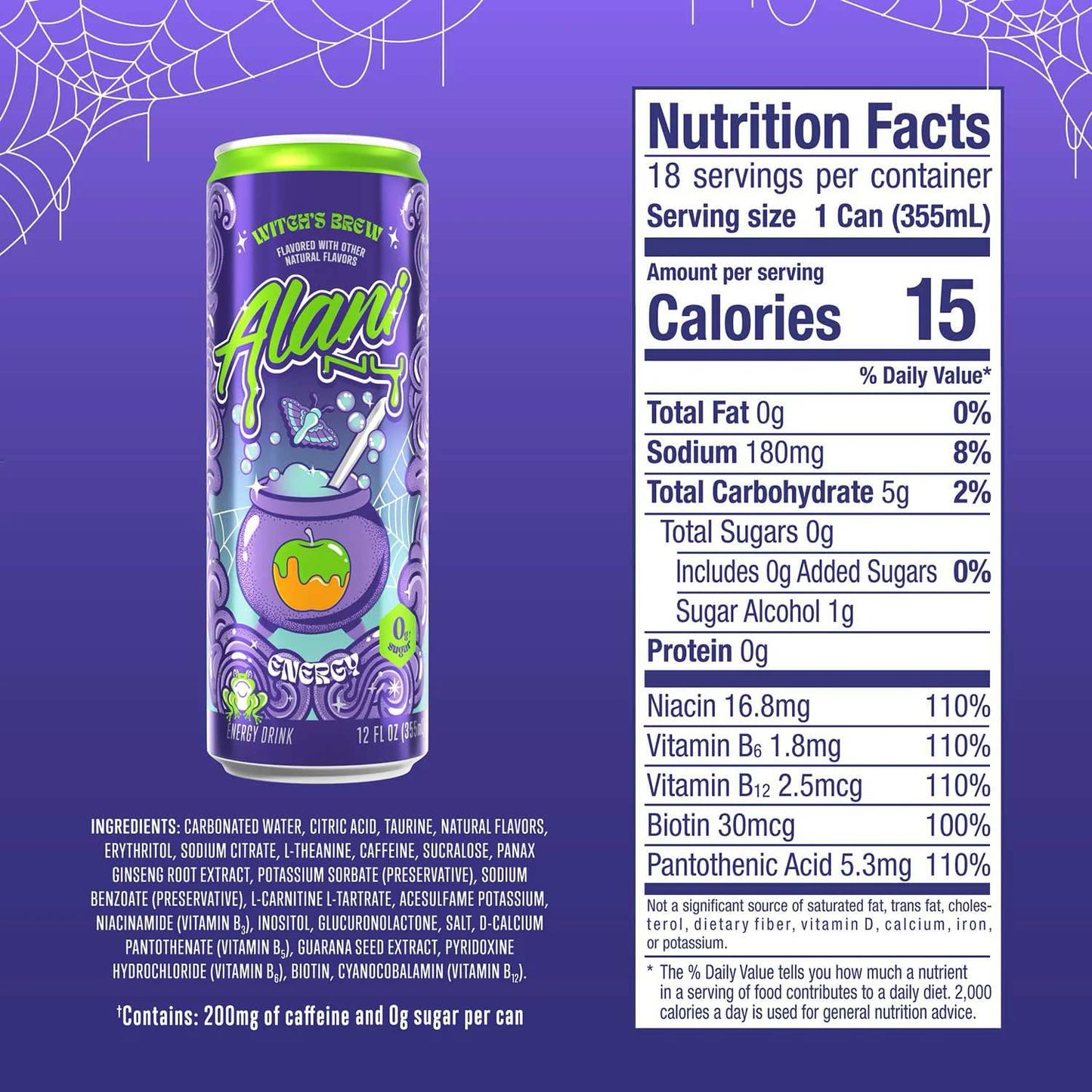 Alani Energy Drink Witchs Brew, 18 Count Sugar Free, Low Calorie Energy Drinks, Zero Sugar, 15 Calories or Less, 12 Fl Oz Cans