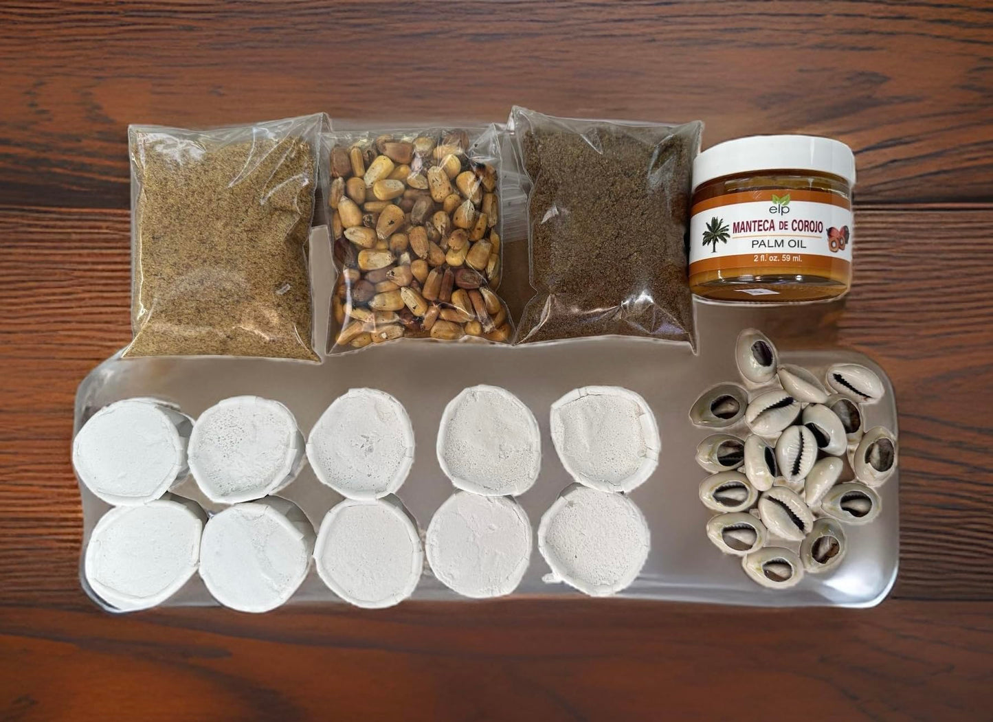 Generic Cascarilla 10 Pack, Manteca De Corojo 2 Oz, Maiz Tostado, Jutia Y Pescado Ahumado 2 Onzas Cada Uno Y Cowrie Shells Set O