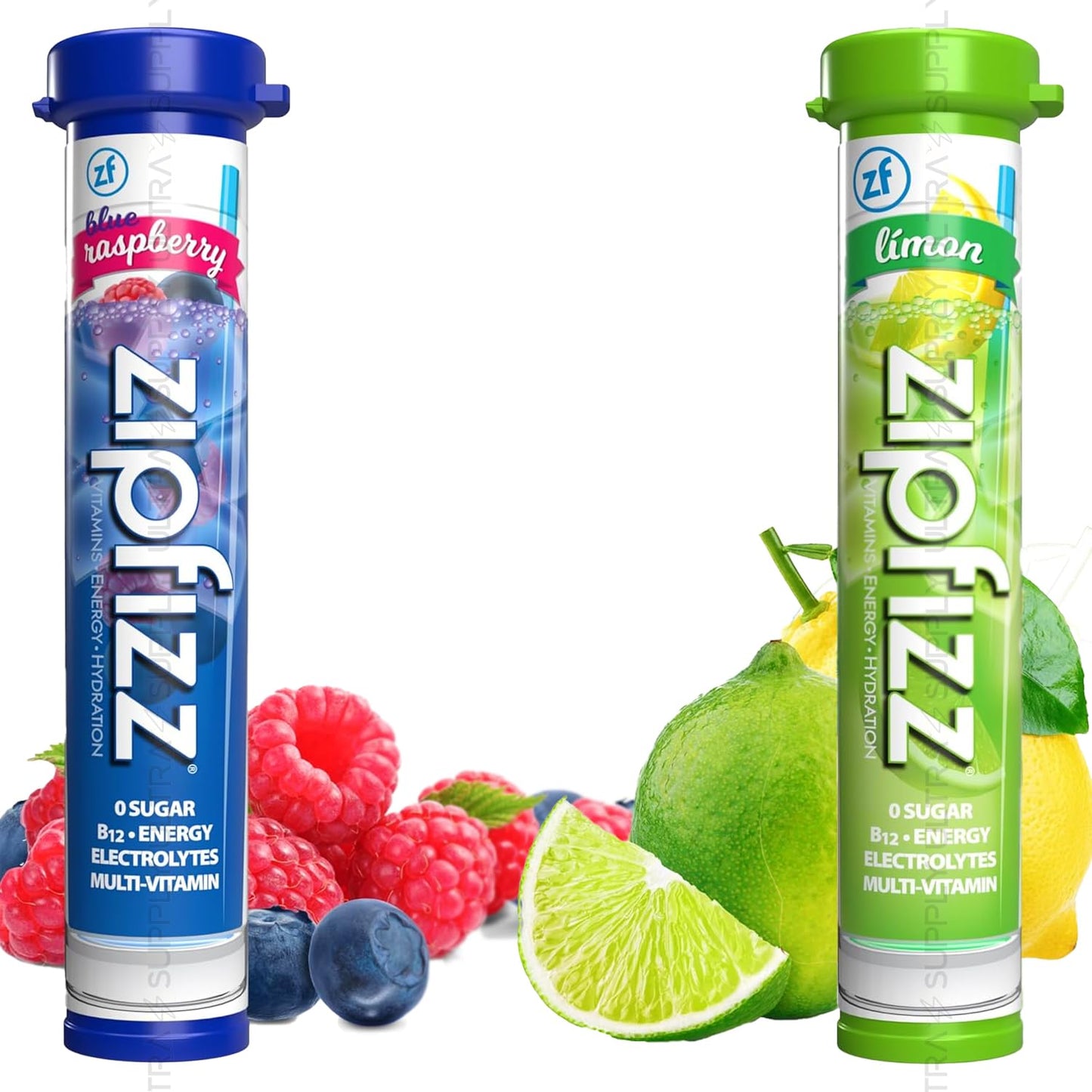 Zip_Fizzs Vitamin Energy Hydration Drink Mix Blue Raspberry Limon Flavors 30 Count (Split Box) 100% Daily Vitamin C & B12 Energy Blend From Natural Sources Zero Sugar Low Calorie