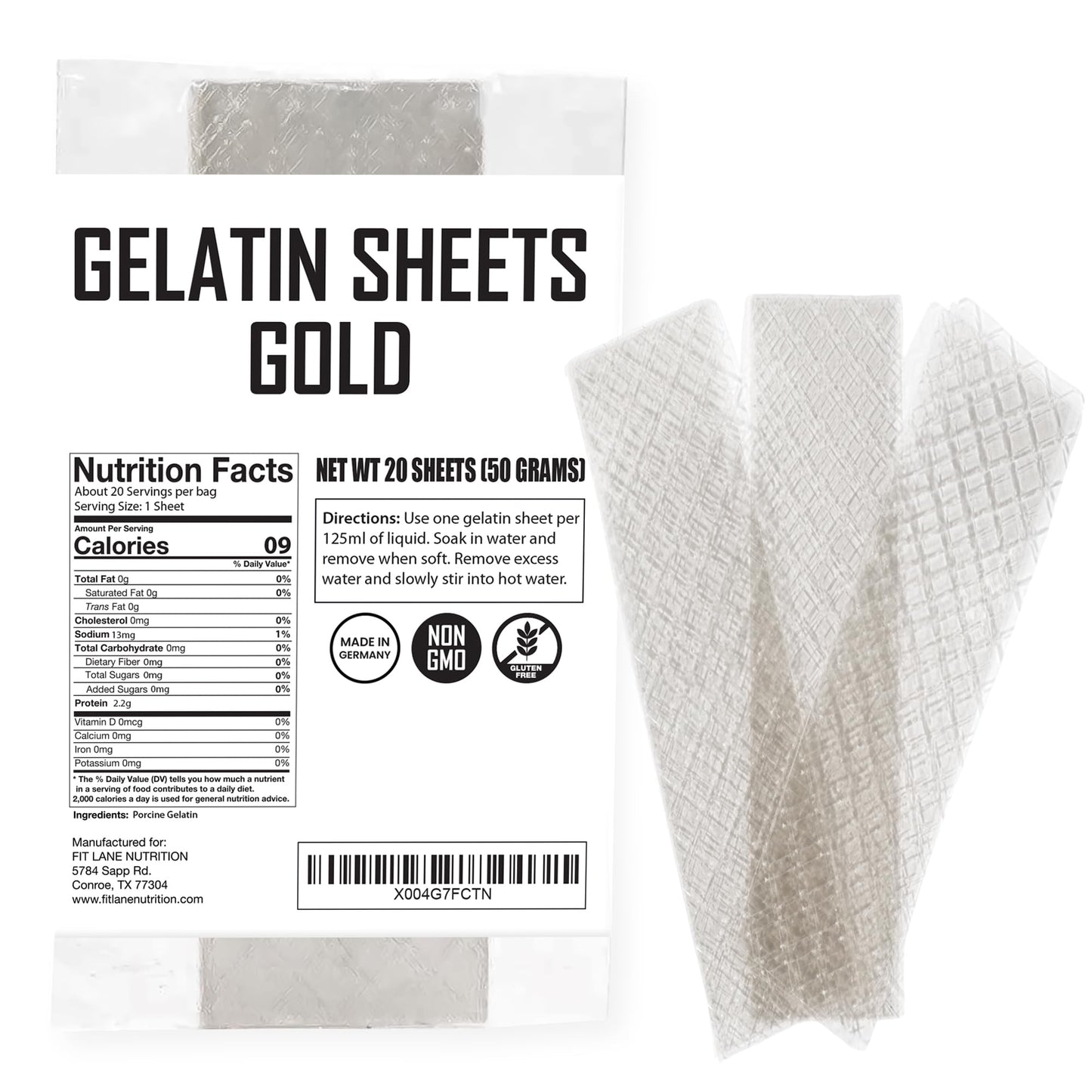 Gold Gelatin Sheets For Baking - 20 Count (50 Grams) - Unflavored Clear Leaf Rectangle For Desserts - 200 Bloom Strength - Product Of Germany - Easy To Use - By Fit Lane Nutrition