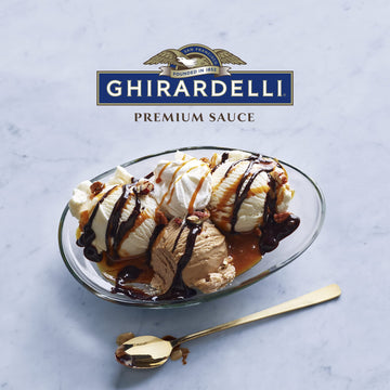Ghirardelli Sea Salt Caramel and Chocolate Flavored Sauce 16 oz Squeeze Bottles (Pack of 2) with Ghirardelli Stamped Barista Spo