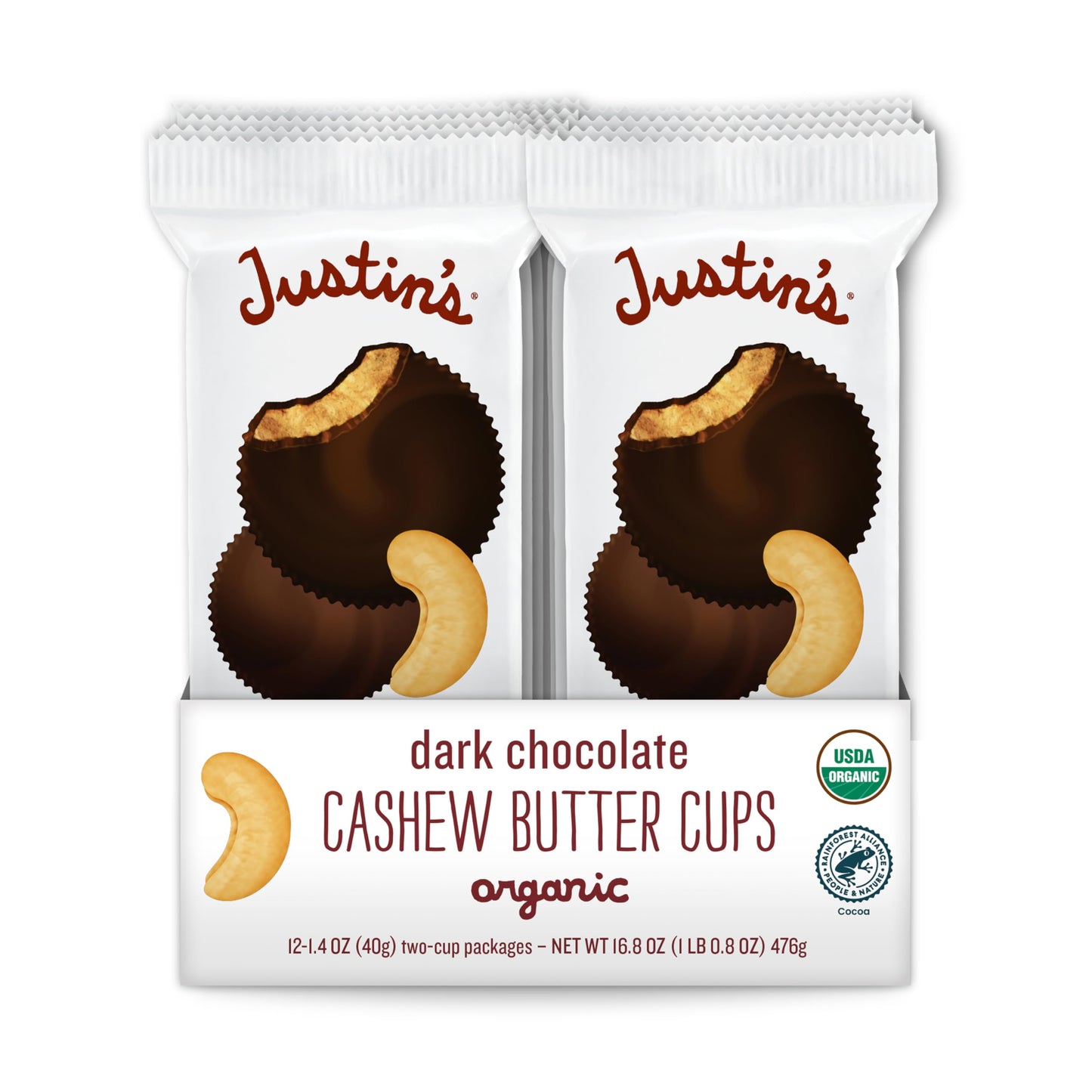 Justin'S Organic Dark Chocolate Cashew Butter Cups, Rainforest Alliance Certified Cocoa, Gluten-Free, Responsibly Sourcd, 1.4 Ou
