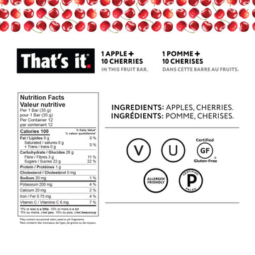 That'S It. Apples + Cherry 100% Natural Real Fruit Bar, Best High Fiber Vegan, Gluten Free Healthy Snack, Paleo For Children & A
