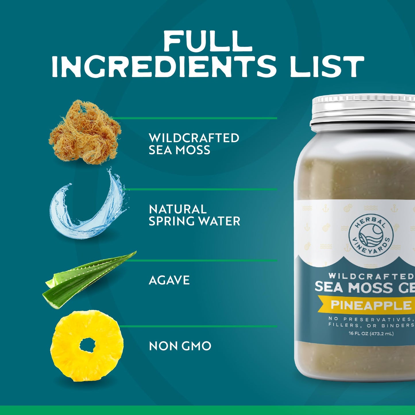 Herbal Vineyards Wildcrafted Irish Pineapple Sea Moss Gel 16 Oz - Organic Seamoss Gel Made With Dried Seaweed & Fresh Sea Vegeta