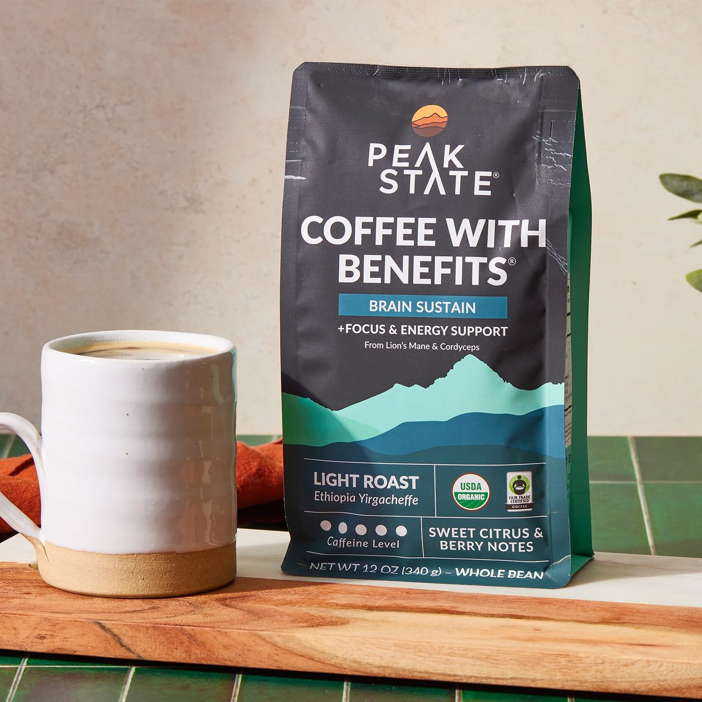 Peak State Coffee with Benefits, 3 Bag Variety Pack, Mushroom Coffee, Low Acid & Smooth, Immunity Boost, Brain Sustain & Stress
