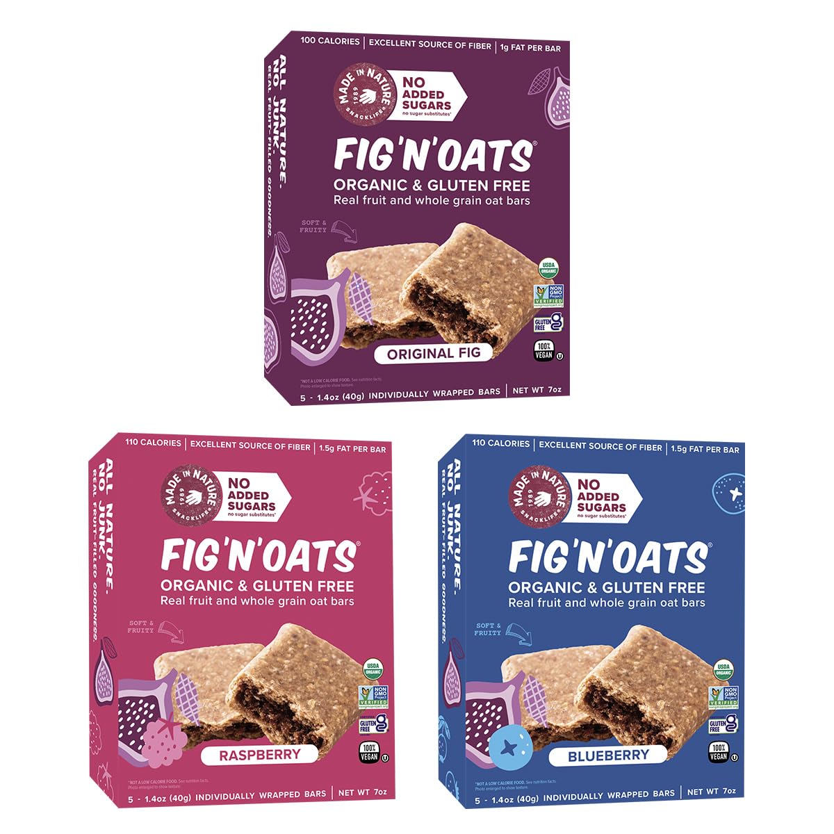 Made in Nature Organic Fig N Oat Bars, 1.4 Ounce 5 Count (3 Pack) - Original Fig, Blueberry, and Raspberry, Organic, Non-GMO, No