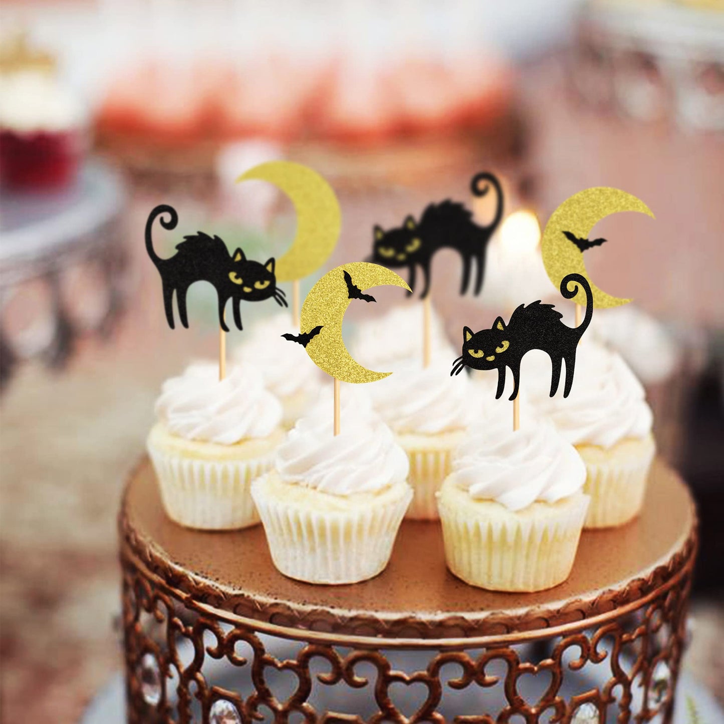 Ercadio 24 Pack Cat Halloween Cupcake Toppers Moon Bat Cupcake Picks Halloween Themed Birthday Party Cake Decorations Supplies