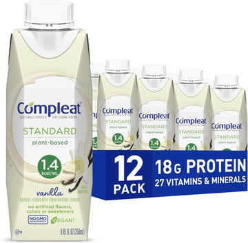 Compleat Standard 1.4 Plant-Based Vanilla Nutrition Shake - 18g Protein, 29 Vitamins & Minerals - Vegan Tube Feeding Formula - 8