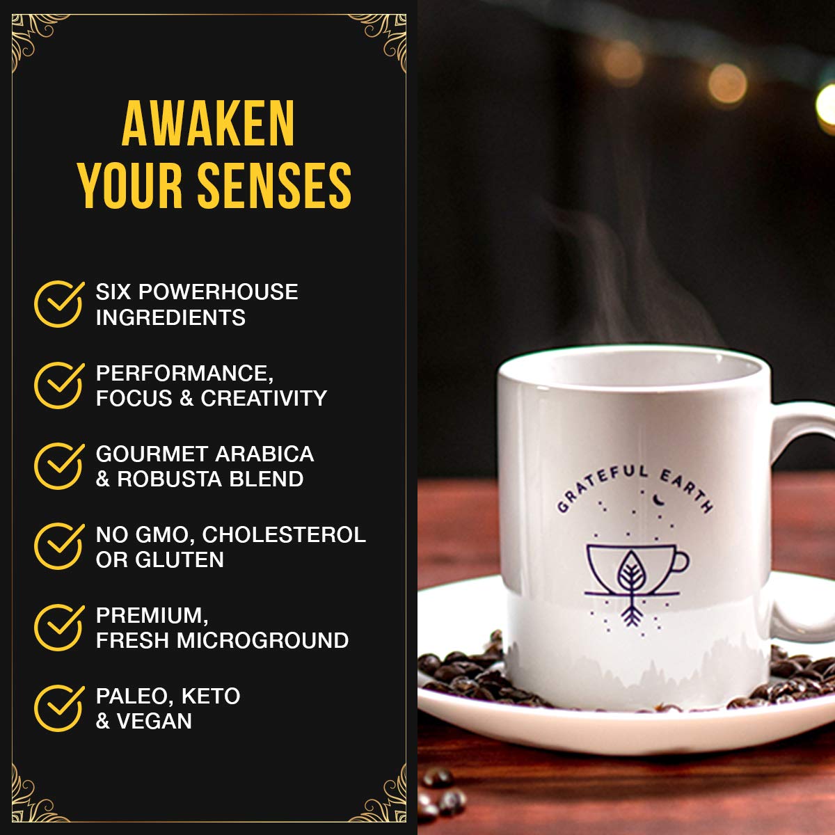 Grateful Earth Mushroom Coffee, Espresso Instant Coffee with Cinnamon, Turmeric, Lions Mane Mushrooms, L-Theanine, Chaga Super B