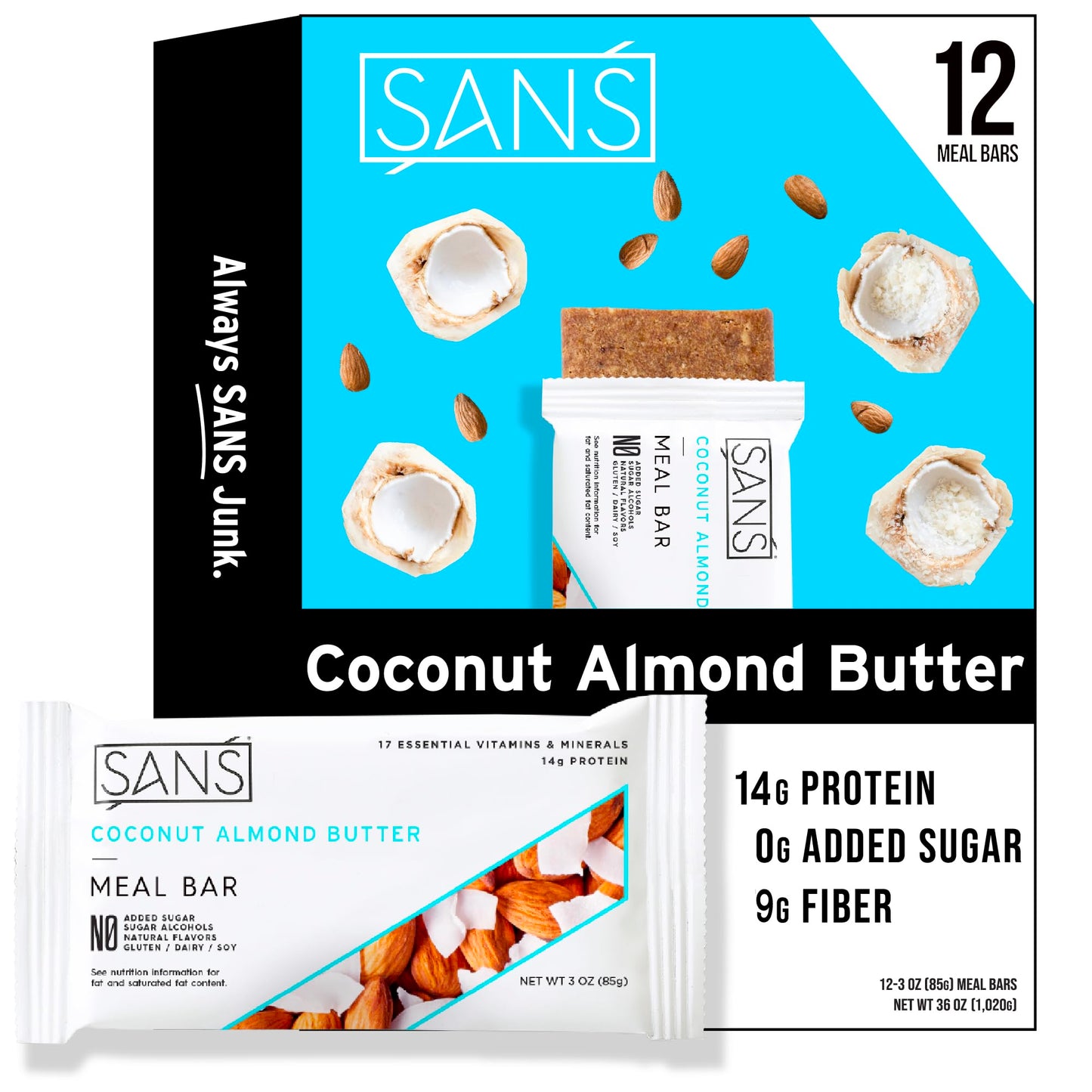 Sans Meal Replacement Protein Bar, Gluten Free, Healthy High Protein Snacks, High Fiber, No Sugar Added, Dairy Free, Soy Free, Coconut Almond Butter, 12 Bars