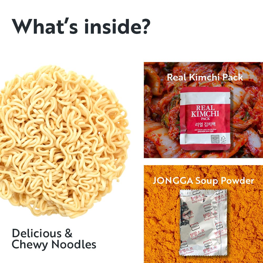 Jongga Kimchi Ramen With Real Kimchi 2.9 Oz Pack Of 6, Korean Instant Hot And Spicy Noodle Soup, Authentic Savory Ramen Bowl, Qu