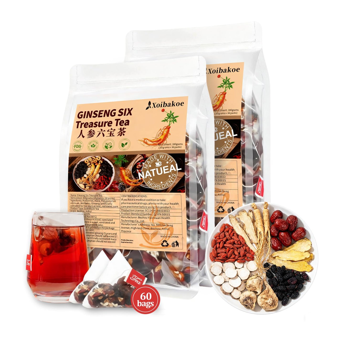 Kidney Tea Formula Flavor Blendseng Six Treasure Tea - Pure Natural Chinese Traditional Herbal Flavor Blendseng Six Treasure Kidney Detoxification Purification Tea Bag Contains 7 Precious Ingredient Formulas (60 Bags/2 Pack)