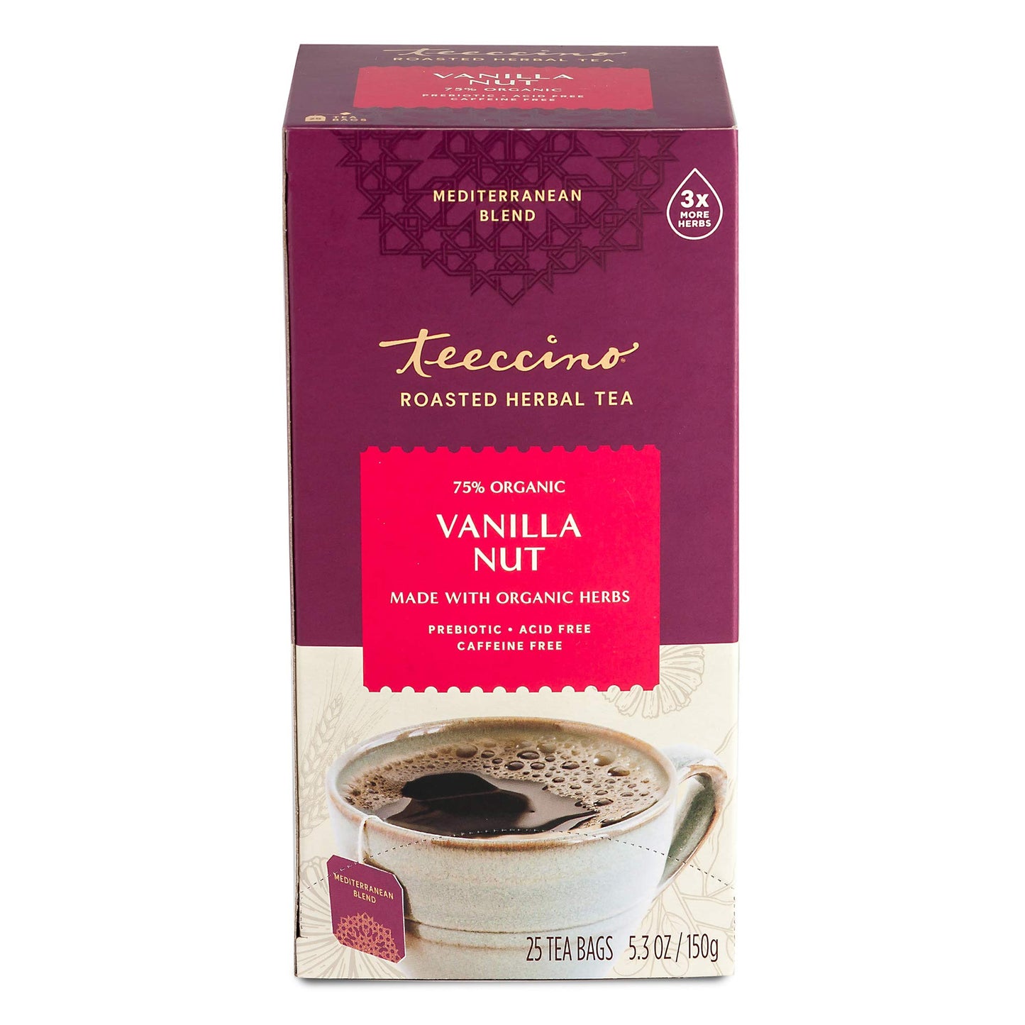 Teeccino Vanilla Nut Herbal Tea - Caffeine Free, Prebiotic, 25 Tea Bags, Rich & Roasted Flavor