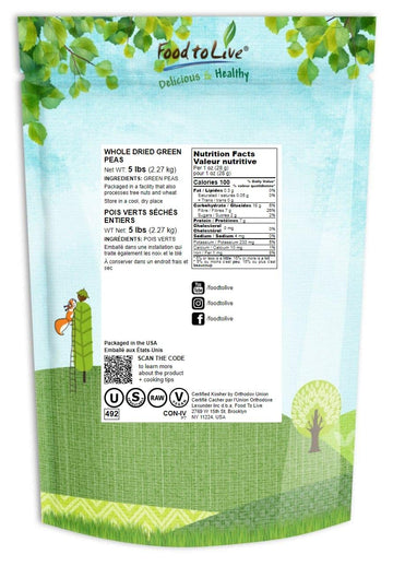 Food To Live - Whole Dried Green Peas, 5 Pounds Green Vatana, Sproutable, Vegan, Kosher, Bulk. Pre-Soak Needed. Rich In Protein, Fiber, Potassium. Great For Green Curry, Pea Soup, Stews