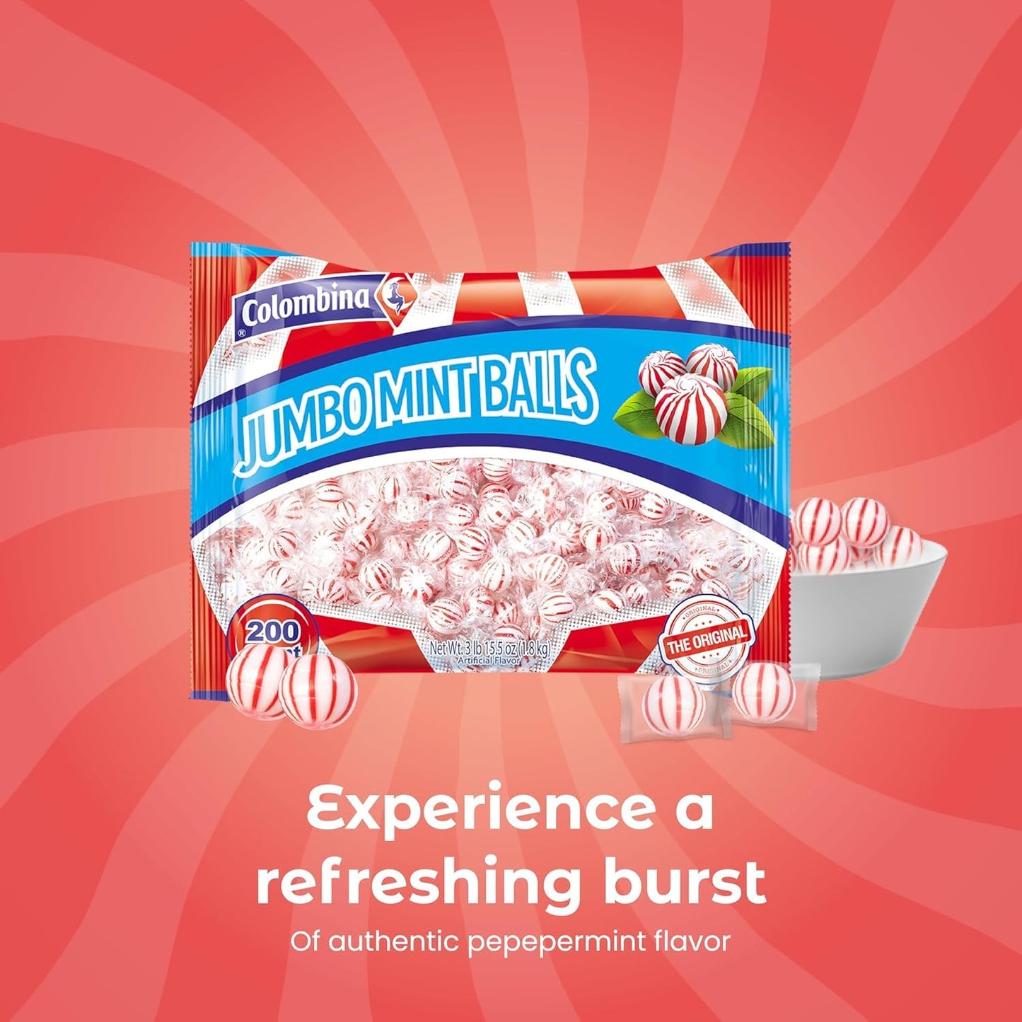 Colombina Jumbo Peppermint Balls Hard Candy, Red & White, 200 Count, 4lbs, Individually Wrapped
