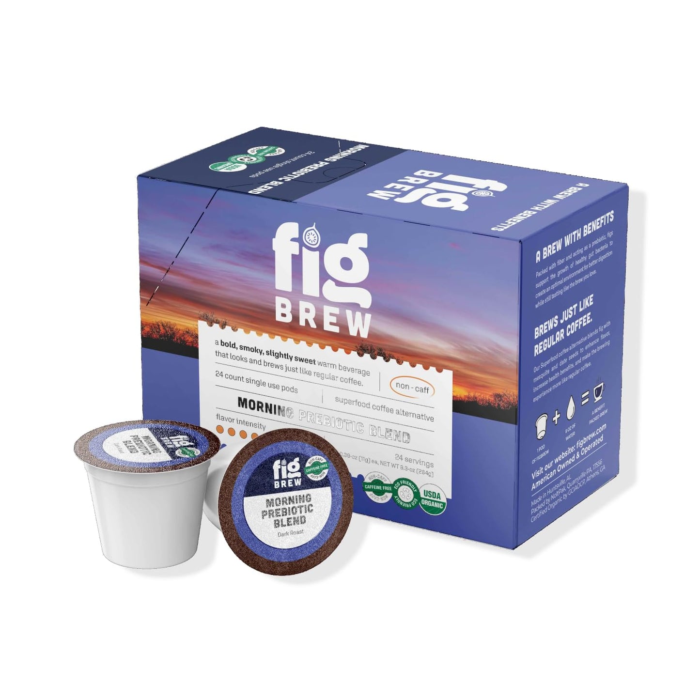 Figbrew Morning Prebiotic Blend Coffee Alternative Adaptogen-Free Energy Blend-Free Dark Roast Single Serve Pods 24-Ct Usda Organic Made In Usa