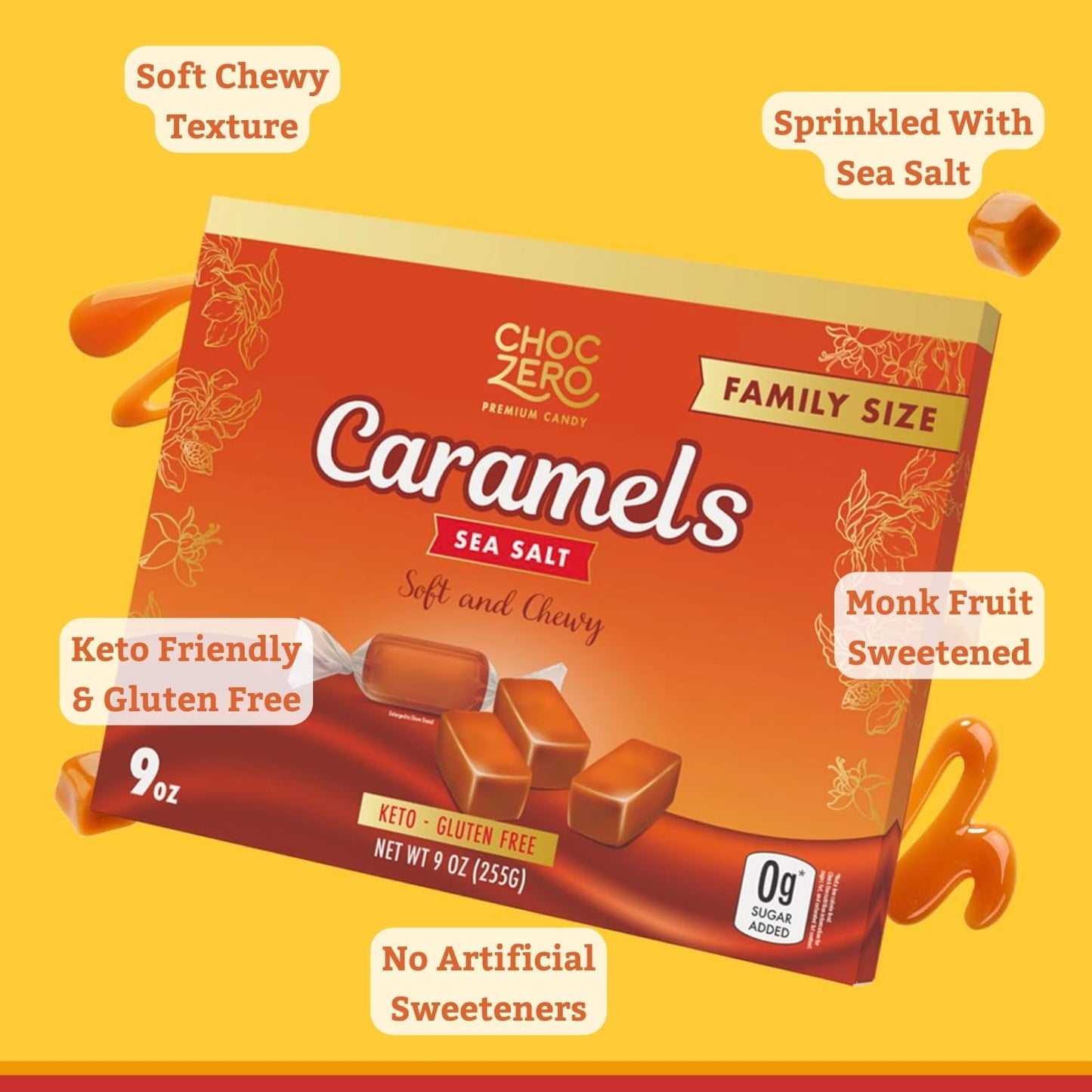 ChocZero Sugar Free Caramels - Keto-Friendly Low Carb Candy - All Natural 9oz Box - Delicious Classic Snack