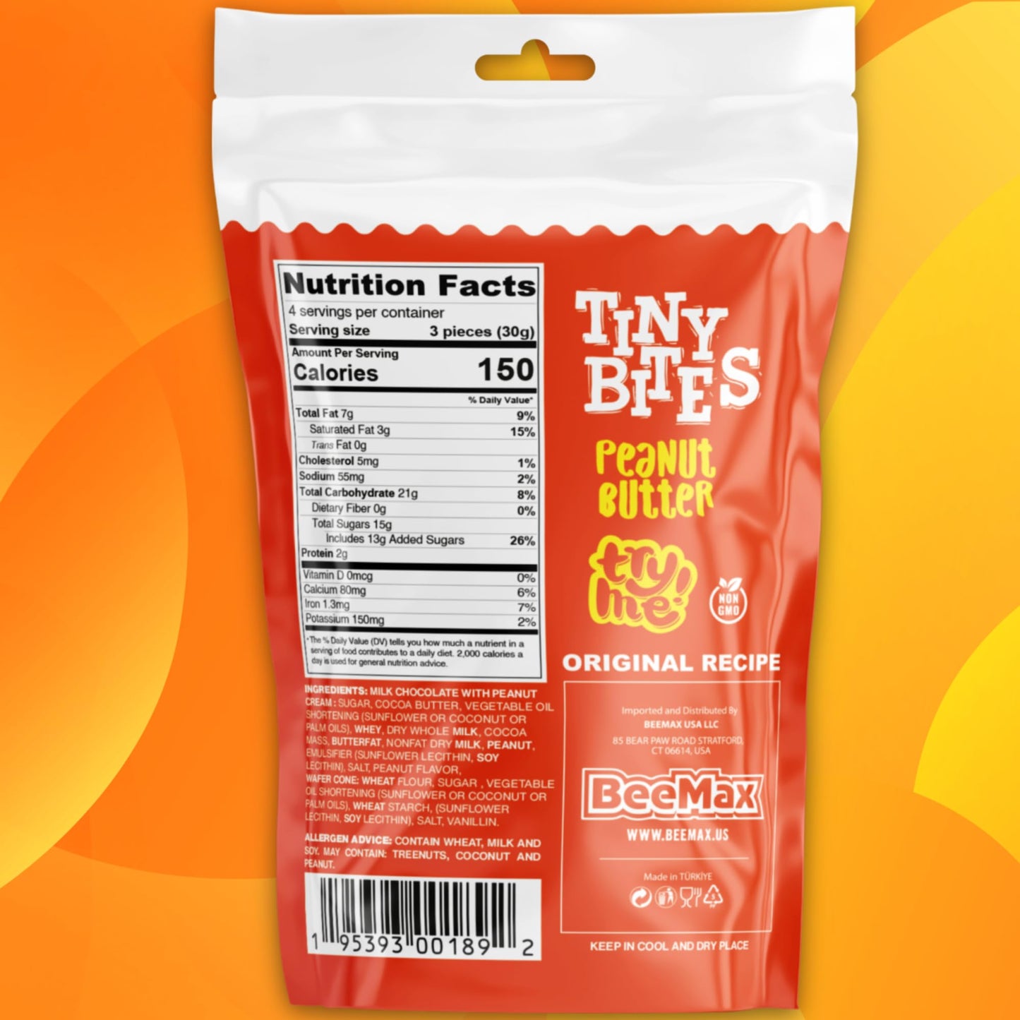 BEEMAX Tiny Bites Mini Waffle Cones - Premium Belgian Chocolate - 4.24 oz Bag (Pack of 2) - Peanut Butter Flavor