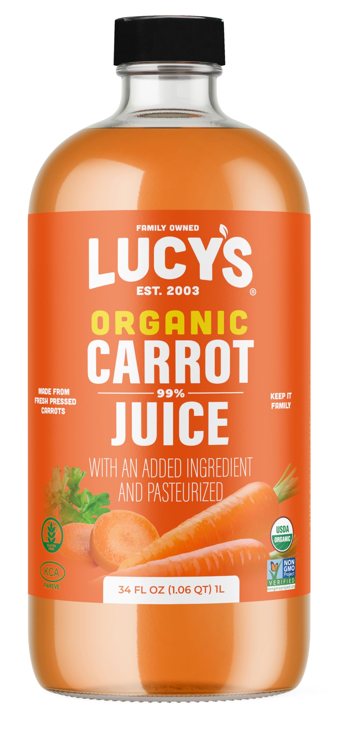 Lucys Family Owned - AMERICAN CARROTS Organic 99% Pure Carrot Juice, 34 oz. Glass Bottle (Made From Fresh Pressed)