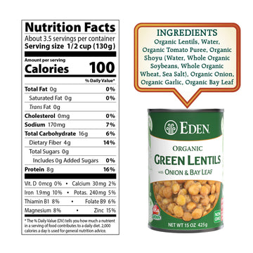 Eden Organic Green Lentils With Onion And Bay Leaf, 15 Oz Can (12-Pack Case), Non-Gmo, Vegan, Kosher, U.S. Grown, Heat And Serve, Add Water For Easy Soup
