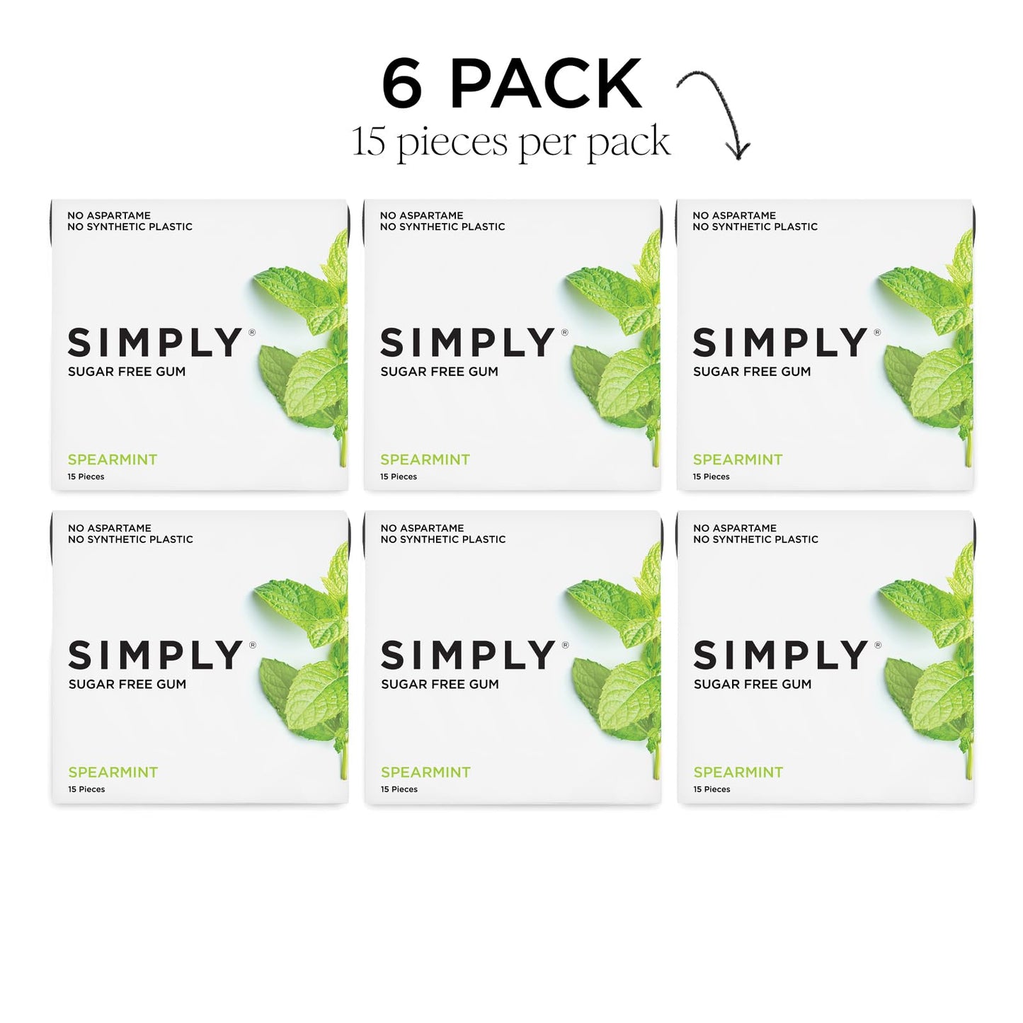 SIMPLY Gum | Dental Gum | Xylitol Chewing Gum - Sugar Free | Spearmint | Pack of Six (90 Pieces Total) | Synthetic Plastic Free
