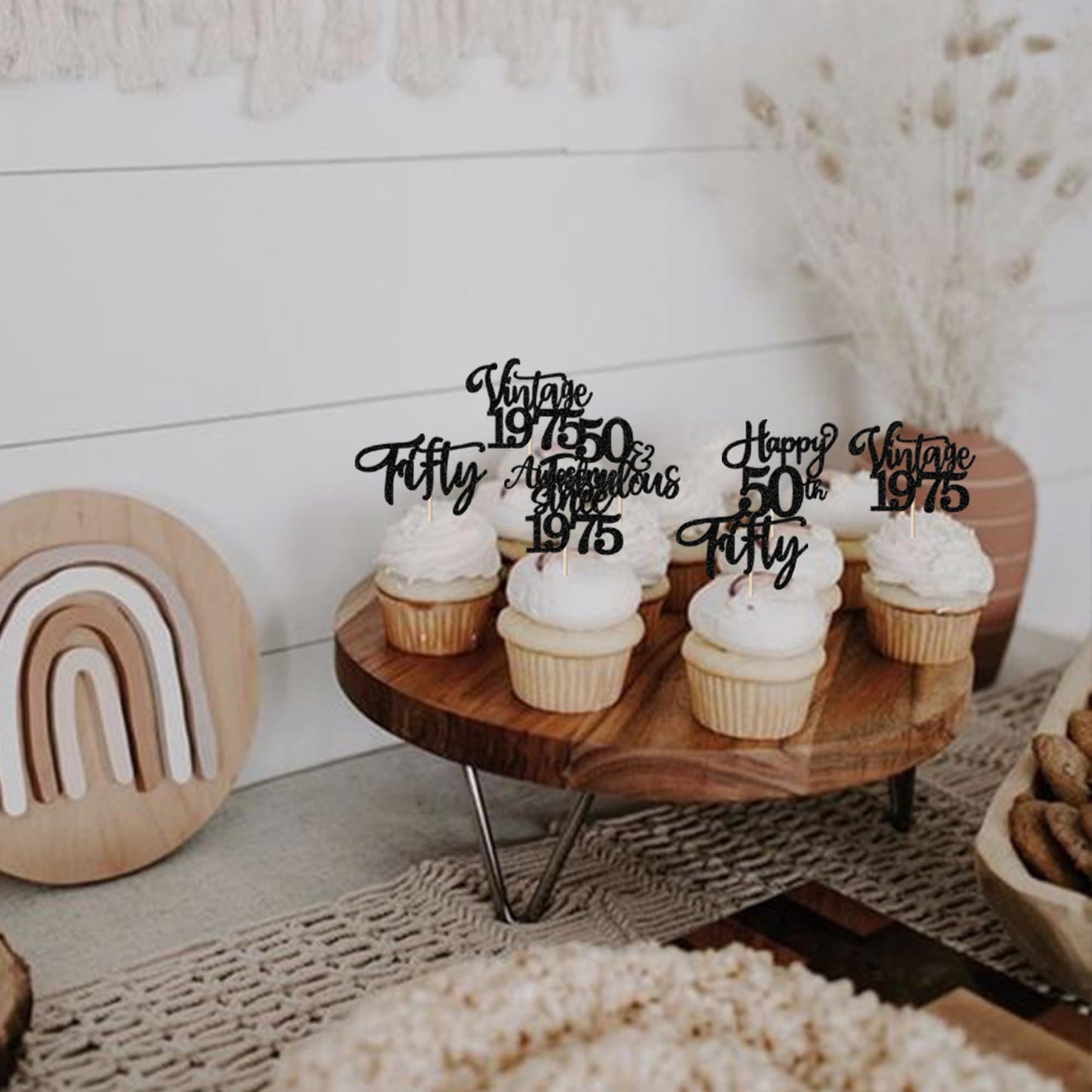 YCTHUNFISH 30 Pack Cupcake Toppers Glitter 50th Birthday Decorations Bamboo Black