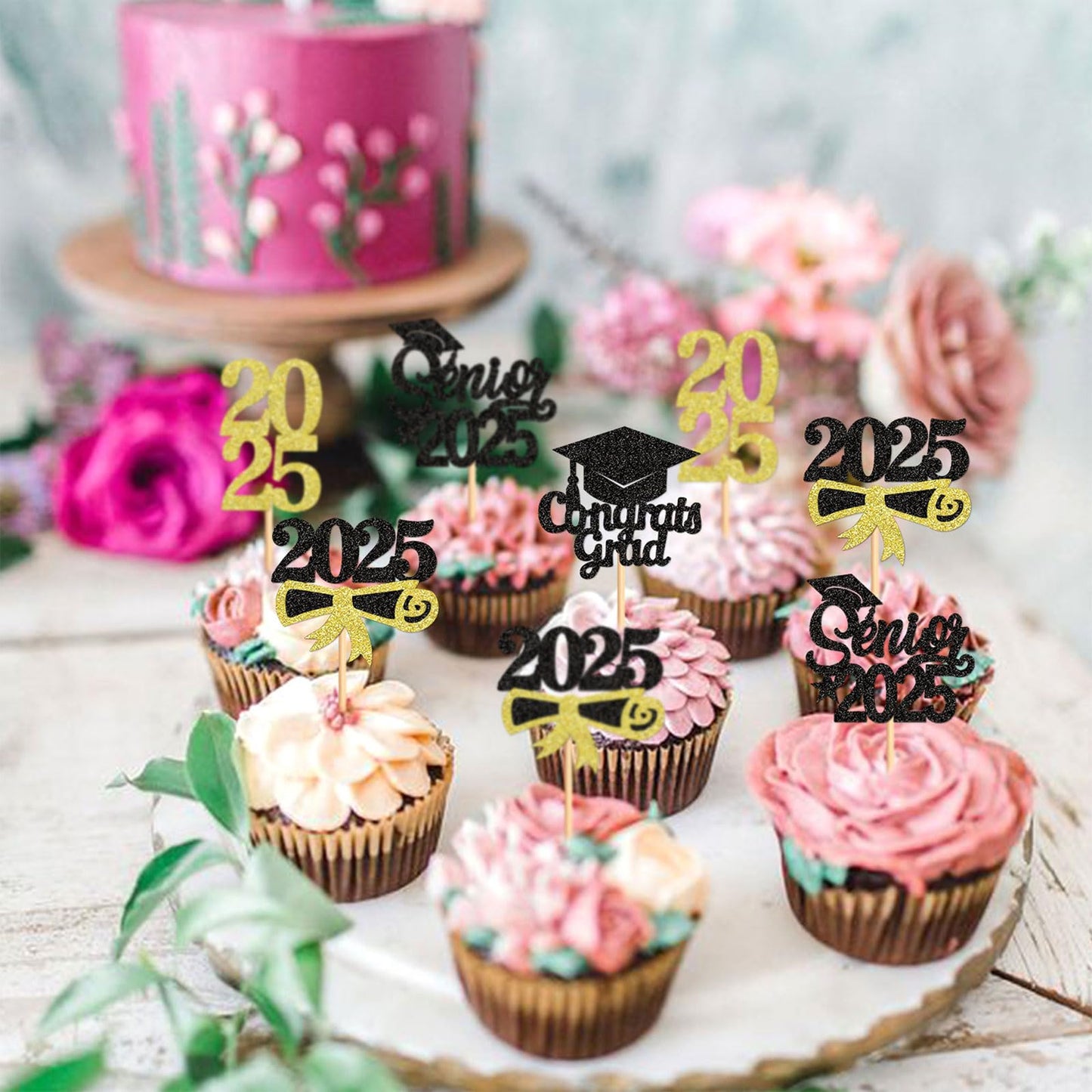 Keaziu Graduation Cupcake Toppers - 24 Pack, Senior Gold, Graduation Hat Picks for 2025 Graduation Theme Party Decorations