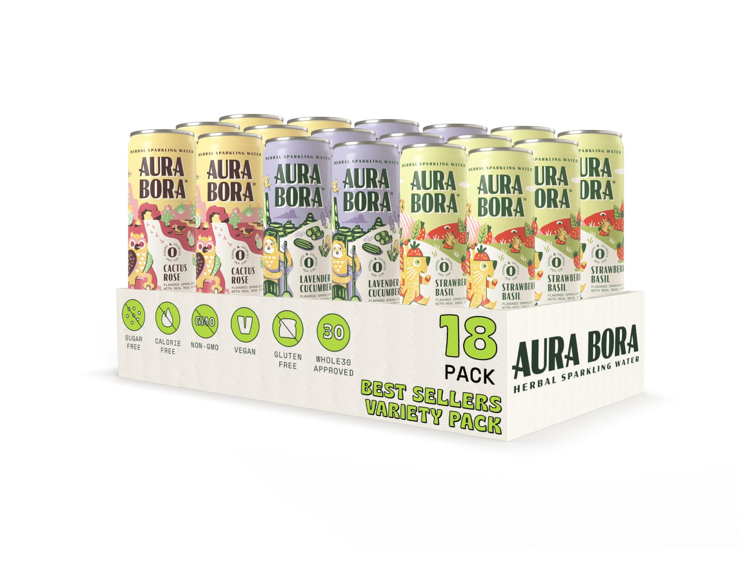 Aura Bora, Best Sellers Variety Pack, Herbal Sparkling Water, 12 Oz Can (Pack Of 18), 0 Calories, 0 Sugar, 0 Sodium, Non-Gmo