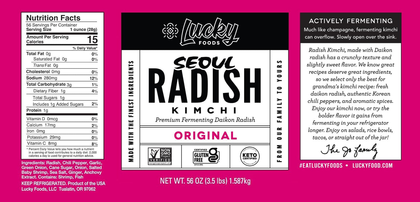 Lucky Foods Seoul Radish Kimchi Original, (56Oz / 3.5 Lbs), Authentic Korean Premium Fermented Kimchi, (Pack Of 1) (Made In Usa)