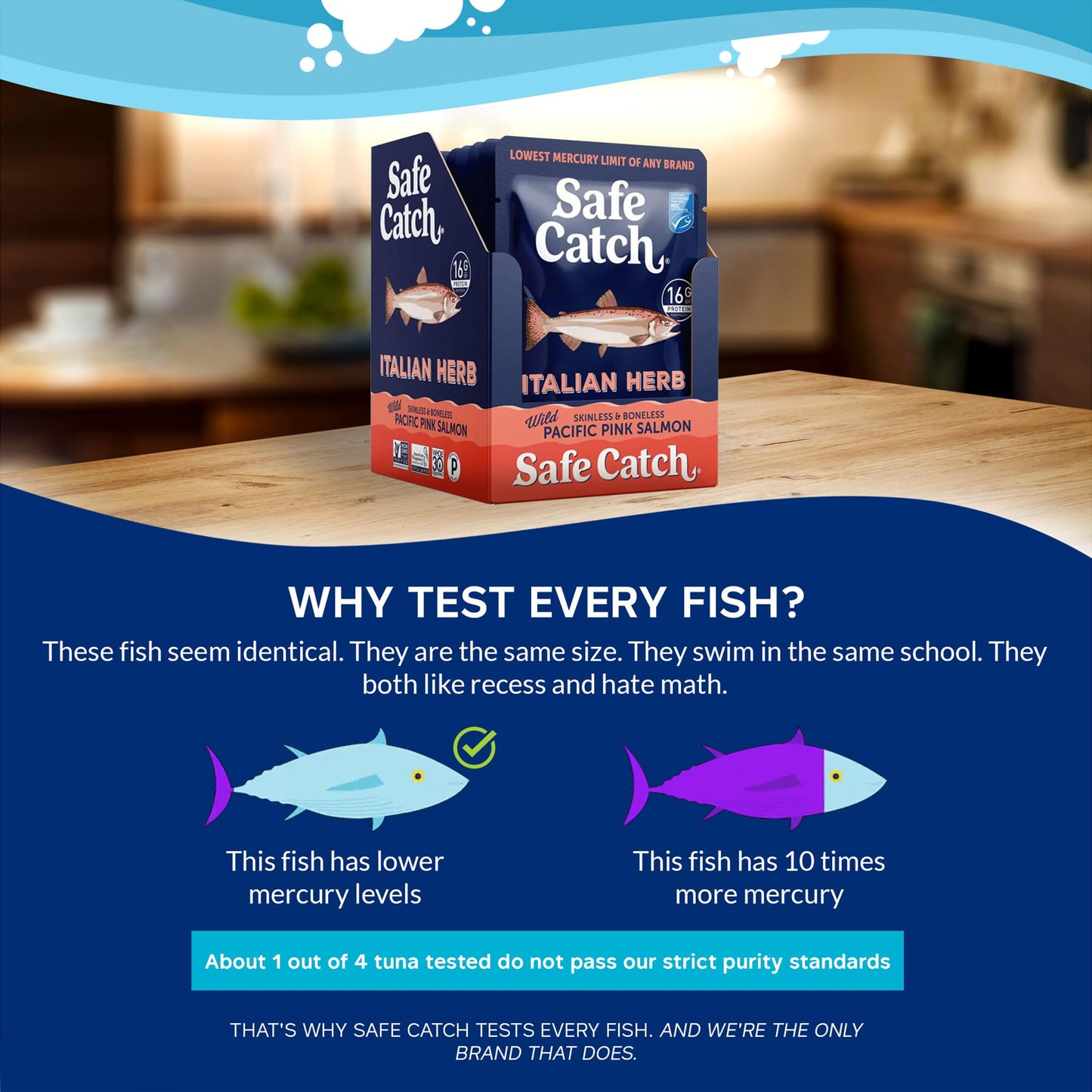 Safe Catch Wild Pacific Pink Salmon Pouch, Italian Herb, Mercury Tested, 2.6oz, Pack of 12, Kosher