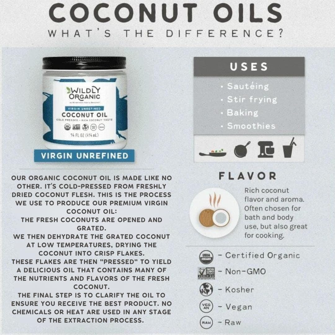 Wildly Organic Coconut Oil Sample 3-Pack 14 Fl Oz Glass Jars - 1) Refined Coconut Oil, 2) Raw Unrefined Centrifuge Exacted, & 3)