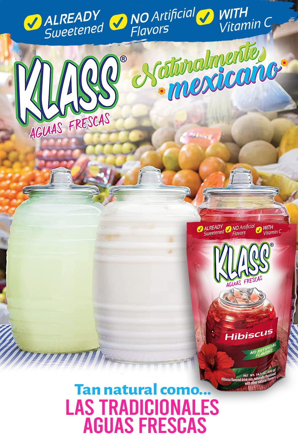 Klass Aguas Frescas |Drink Mix Hibiscus | Flavors From Natural Sources, No Artificial Flavors, With Vitamin C (Makes 7 To 9 Quarts) 14.1 Oz Family Pack (4-Pack)