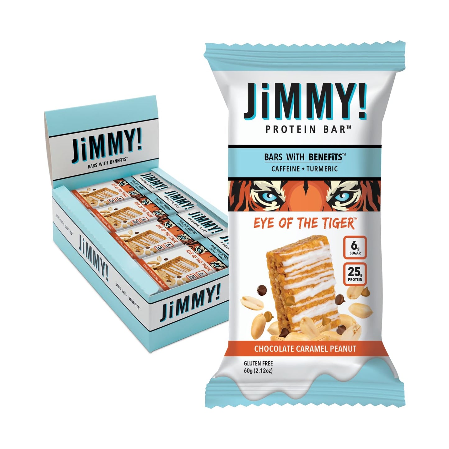 JiMMYBAR! - Eye Of The Tiger Caramel Chocolate Peanut Protein Bars - 25g Protein Bar - 6g Low Sugar - 12 Count - 60g Health Bars - Functional Snack with Real Peanuts & Hand-Drizzled Chocolate