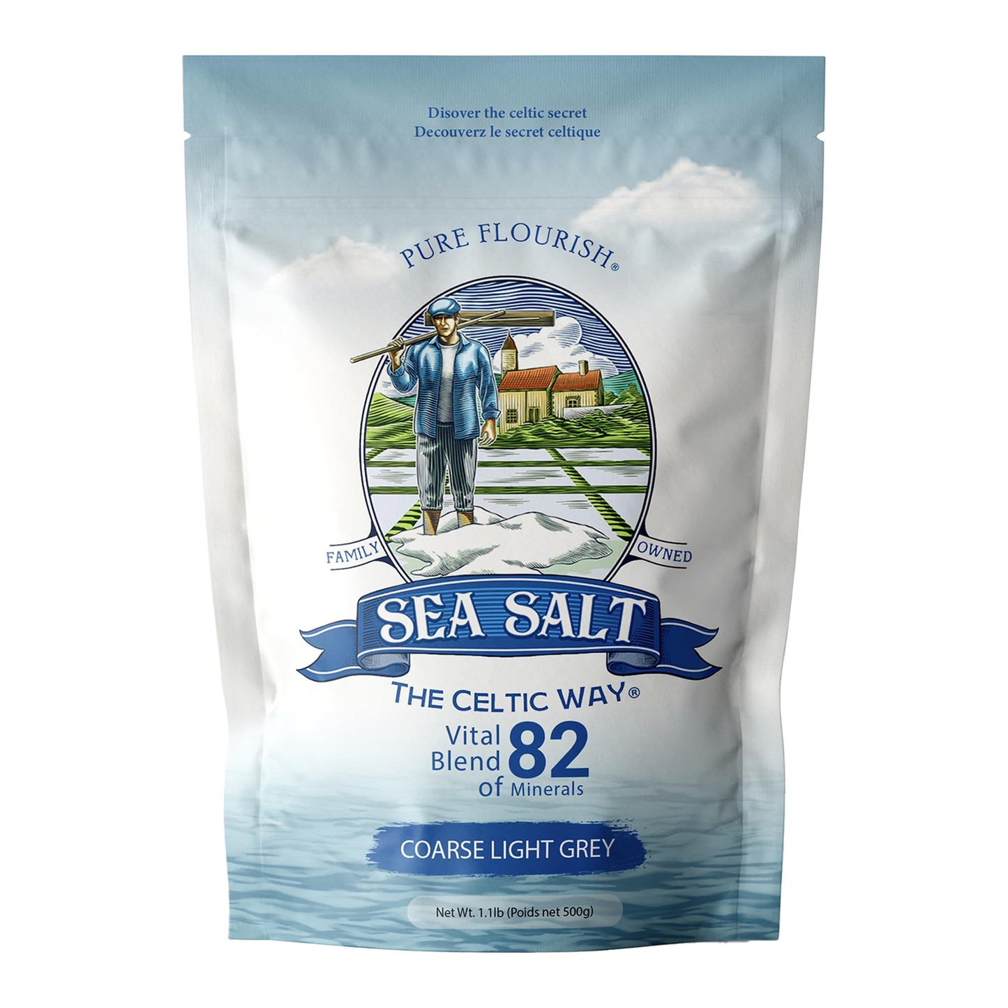 Pure Flourish Sea Salt - The Celtic Way 1.1 LB | Certified French Harvest & Import | Organic & Unrefined | Rich in 82 Essential Minerals | Hand Harvested Light Grey Celtic Salt Crystals from France